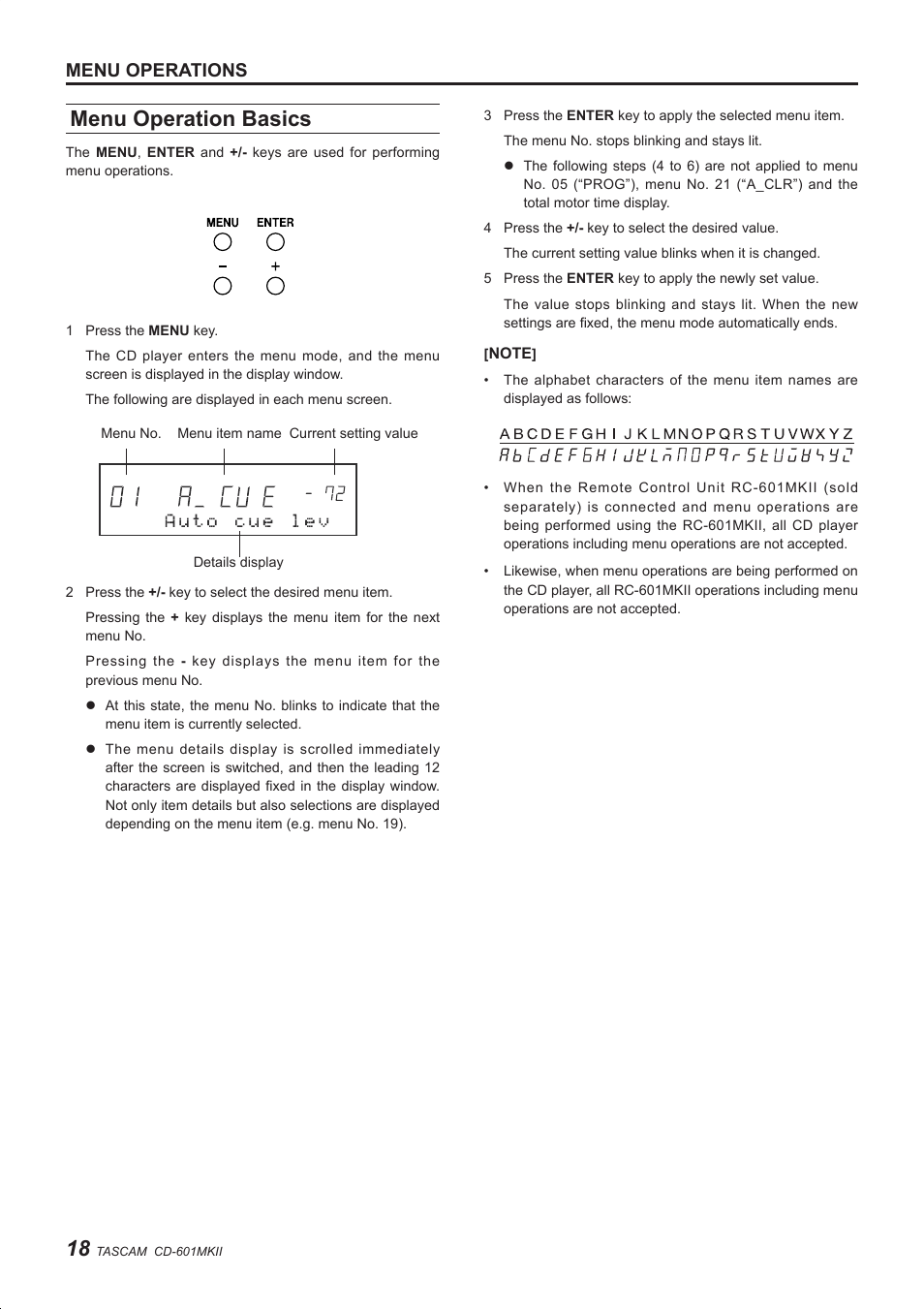 Menu operation basics, Menu operations | Teac CD-601MKII User Manual | Page 18 / 29