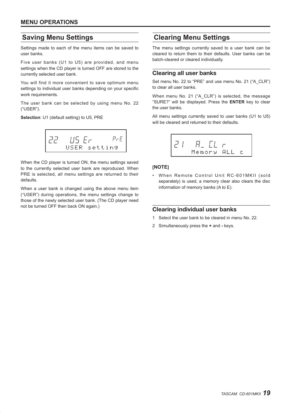 Saving menu settings, Clearing menu settings, Menu operations | Clearing all user banks, Clearing individual user banks | Teac CD-601MKII User Manual | Page 19 / 29