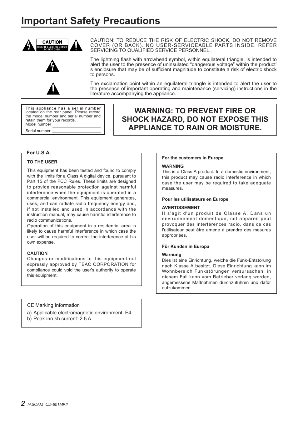 Important safety precautions | Teac CD-601MKII User Manual | Page 2 / 29