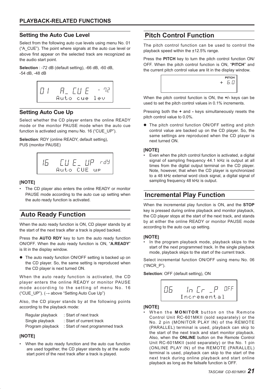 Auto ready function, Pitch control function, Incremental play function | Setting auto cue up | Teac CD-601MKII User Manual | Page 21 / 29