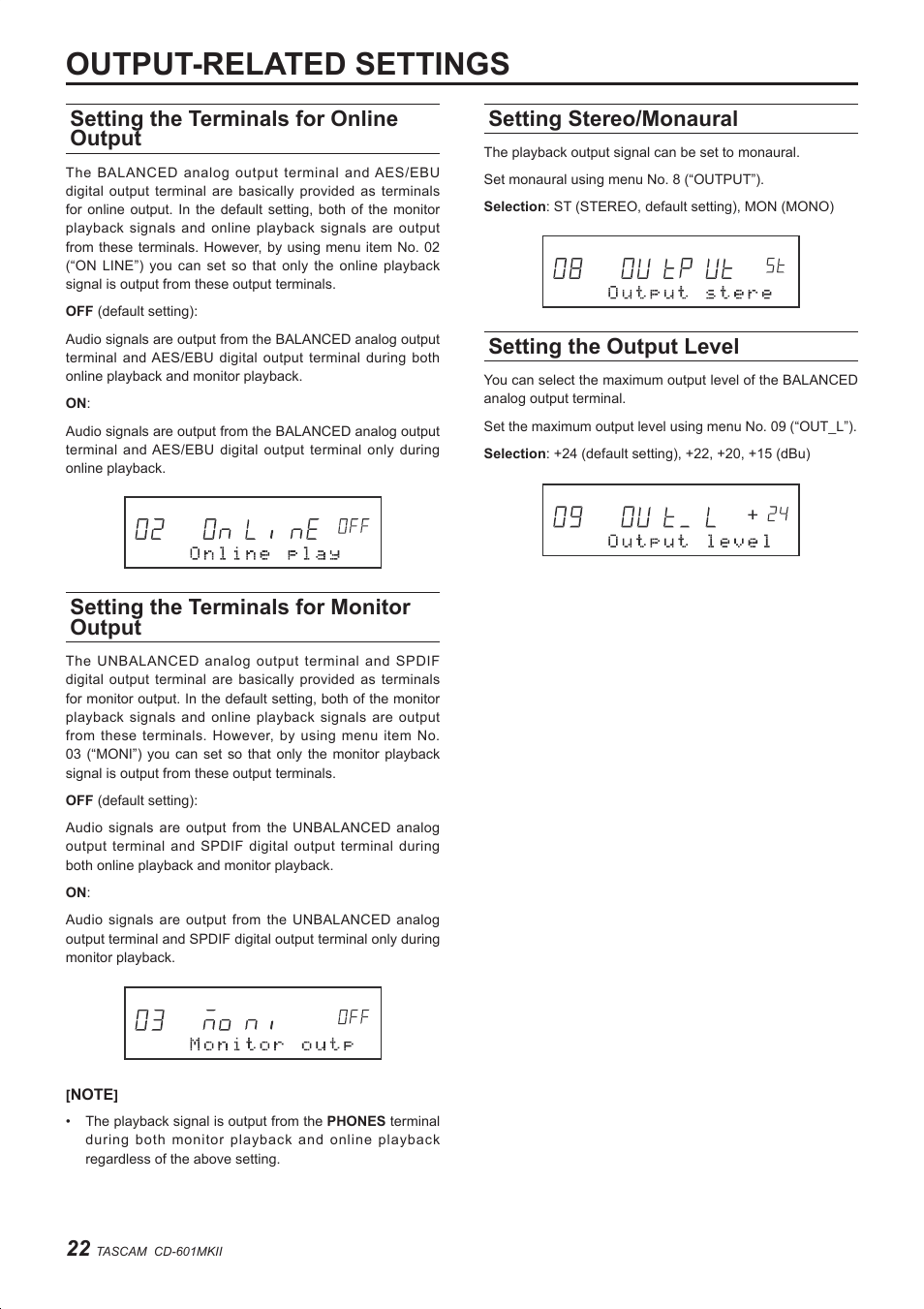 Output-related settings, Setting the terminals for online output, Setting the terminals for monitor output | Setting stereo/monaural, Setting the output level | Teac CD-601MKII User Manual | Page 22 / 29