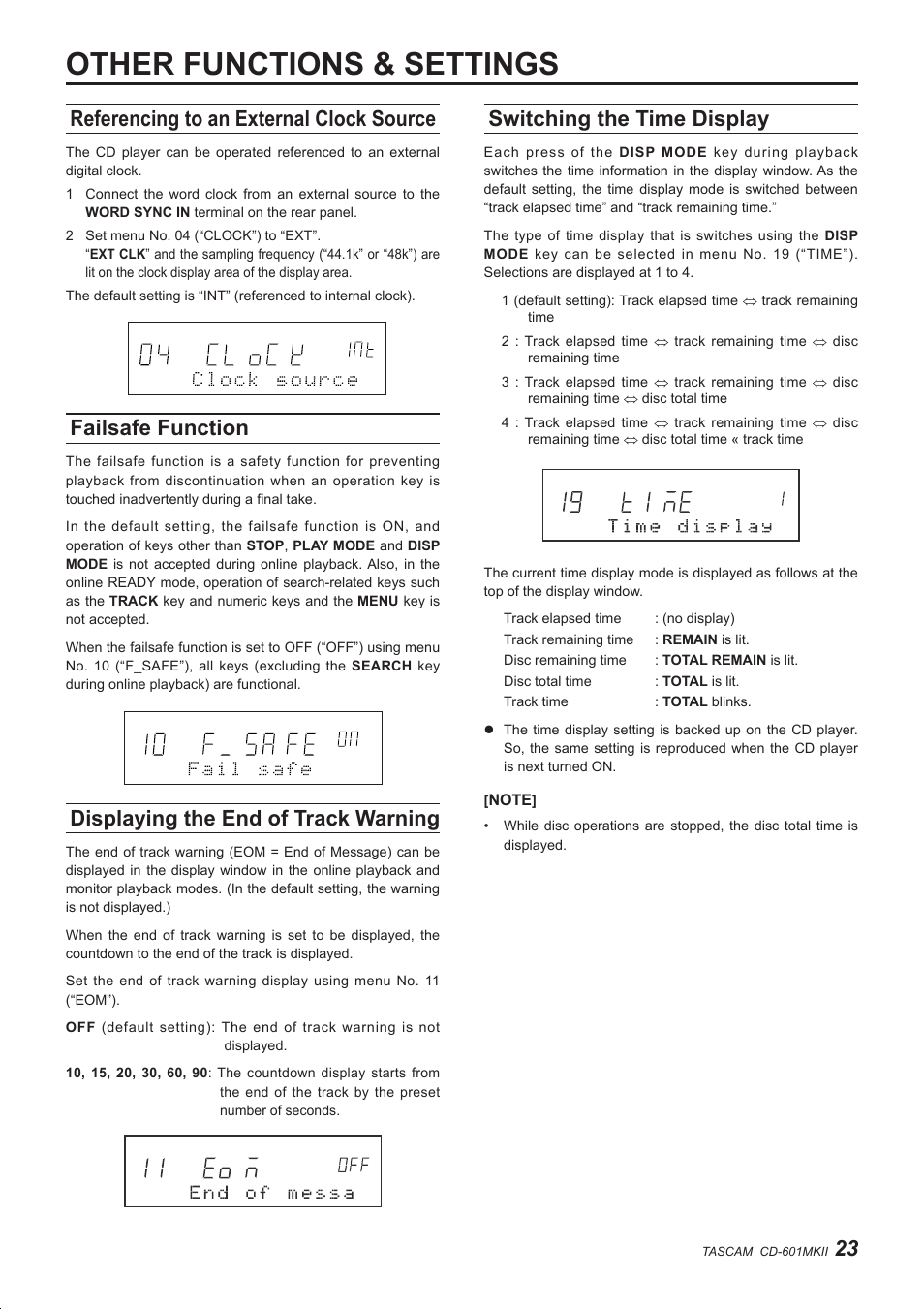 Other functions & settings, Referencing to an external clock source, Failsafe function | Displaying the end of track warning, Switching the time display | Teac CD-601MKII User Manual | Page 23 / 29