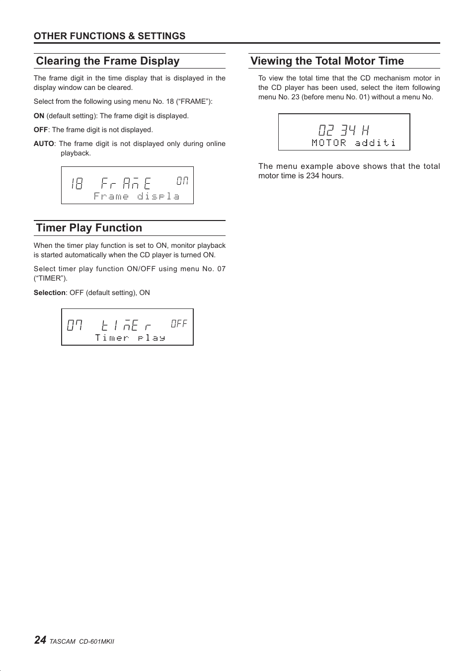 Clearing the frame display, Timer play function, Viewing the total motor time | Other functions & settings | Teac CD-601MKII User Manual | Page 24 / 29