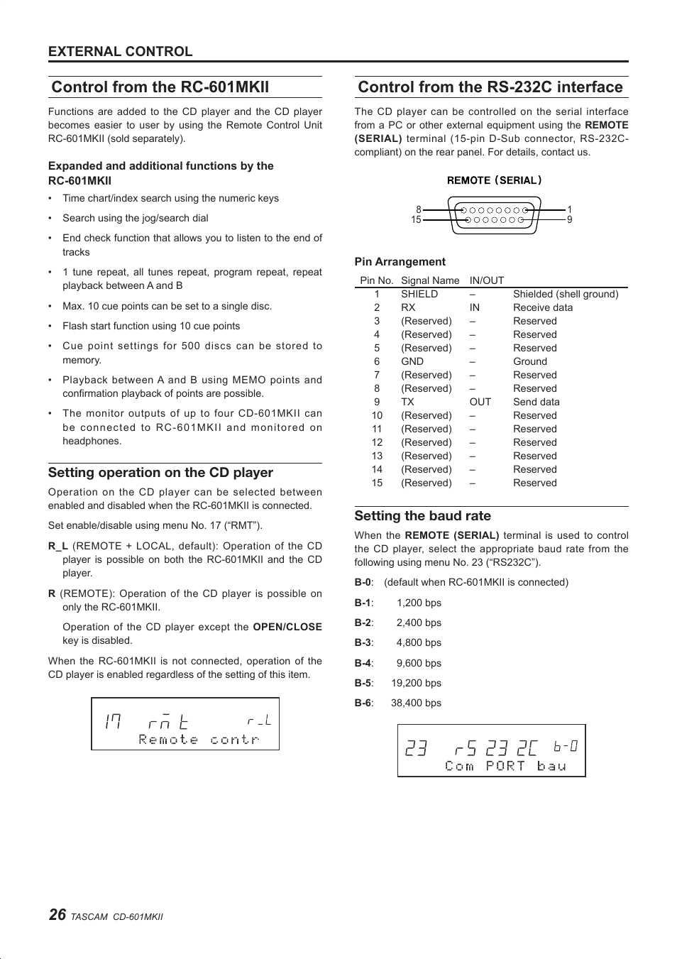 Control from the rc-601mkii, Control from the rs-232c interface, External control | Setting operation on the cd player, Setting the baud rate | Teac CD-601MKII User Manual | Page 26 / 29