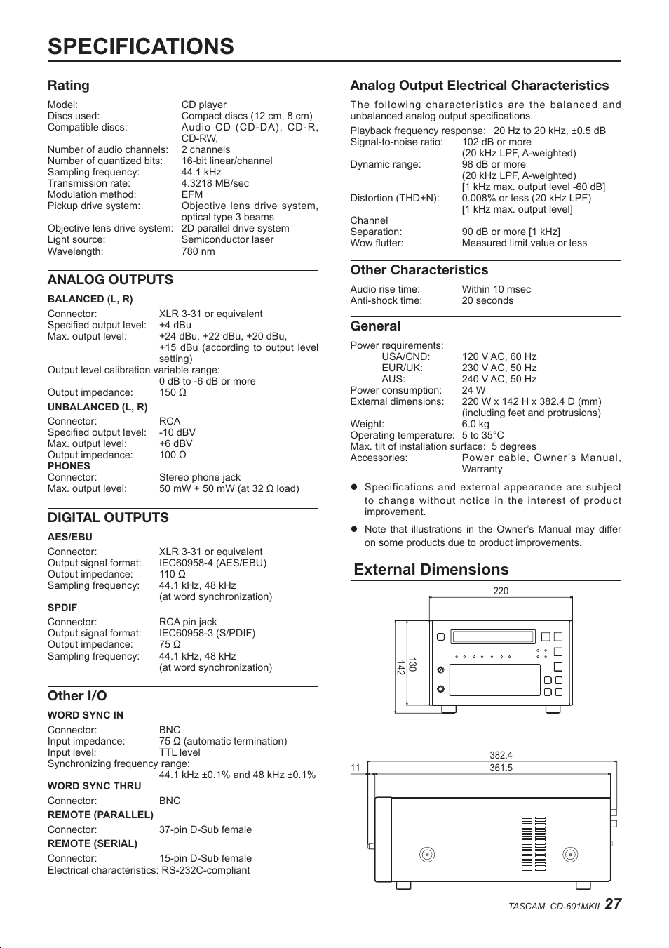 Specifications, External dimensions, Rating | Analog outputs, Digital outputs, Other i/o, Analog output electrical characteristics, Other characteristics, General | Teac CD-601MKII User Manual | Page 27 / 29