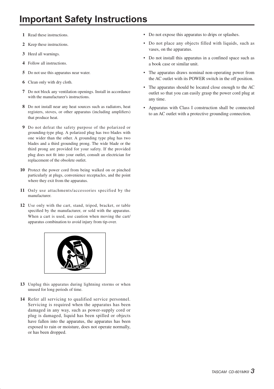 Important safety instructions | Teac CD-601MKII User Manual | Page 3 / 29