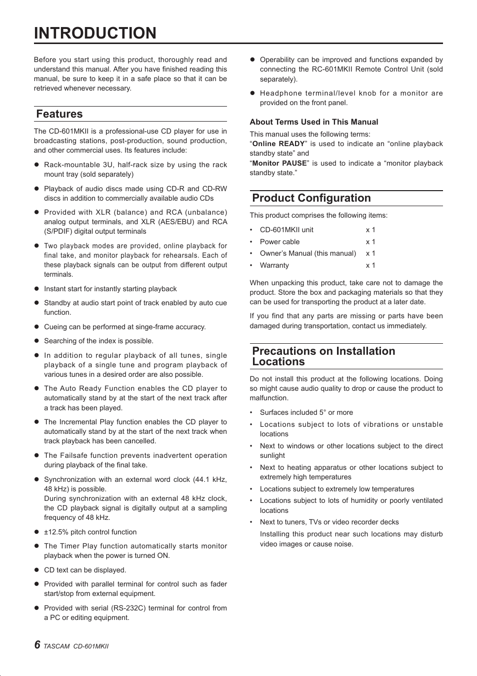 Introduction, Features, Product configuration | Precautions on installation locations | Teac CD-601MKII User Manual | Page 6 / 29