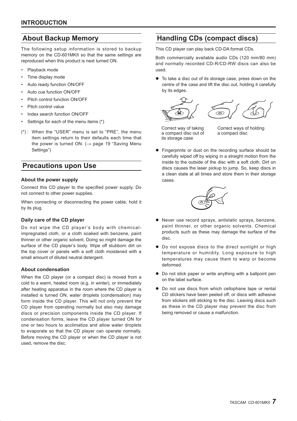 Precautions upon use, Handling cds (compact discs), Introduction | Teac CD-601MKII User Manual | Page 7 / 29