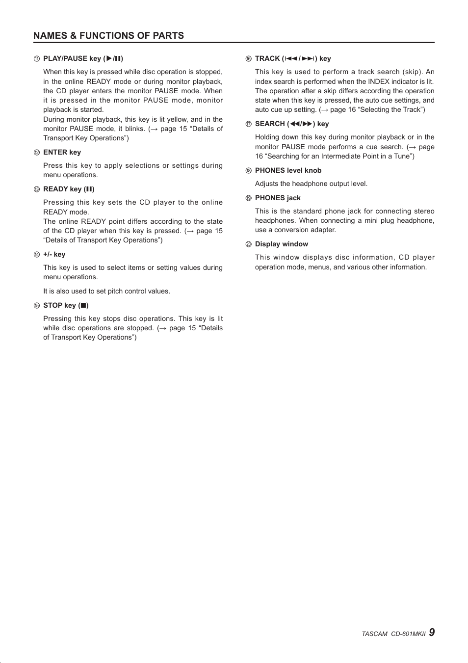 Names & functions of parts | Teac CD-601MKII User Manual | Page 9 / 29