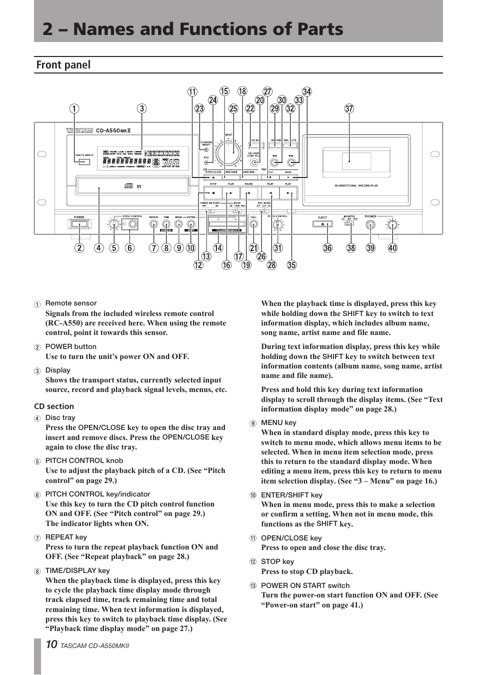 2 – names and functions of parts, Front panel | Teac CD-A550MKII User Manual | Page 10 / 48