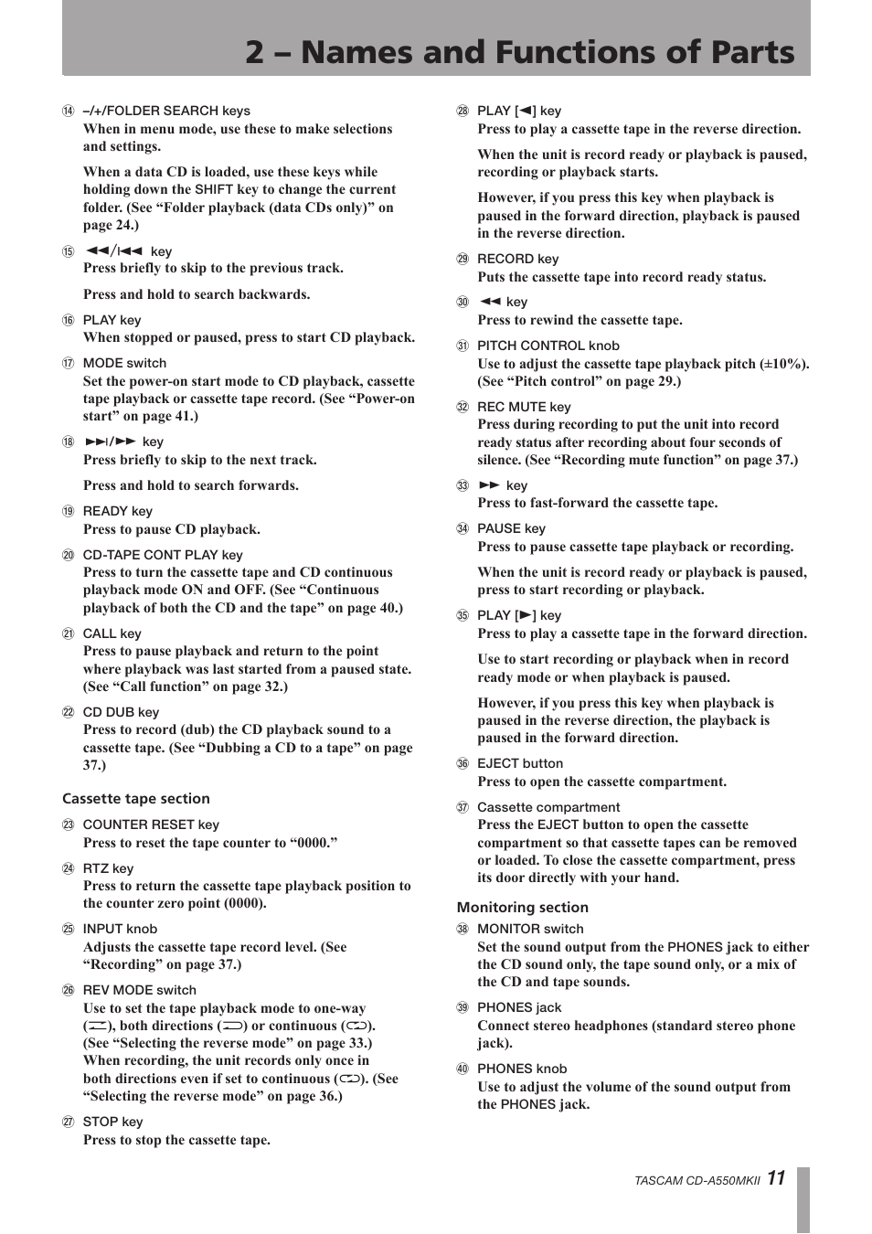 2 – names and functions of parts | Teac CD-A550MKII User Manual | Page 11 / 48