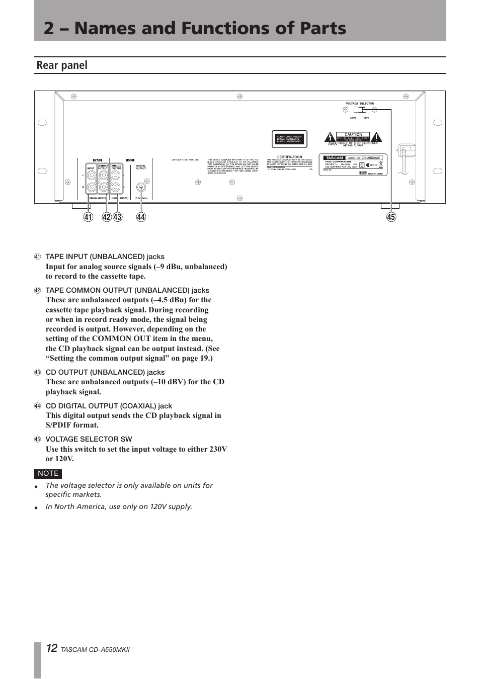 Rear panel, 2 – names and functions of parts | Teac CD-A550MKII User Manual | Page 12 / 48