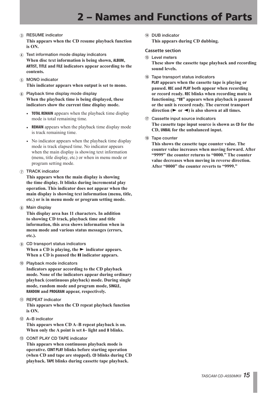 2 – names and functions of parts | Teac CD-A550MKII User Manual | Page 15 / 48