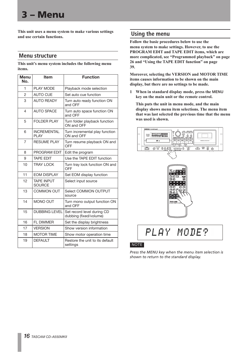 3 – menu, Menu structure, Using the menu | Menu structure using the menu, See “3 – menu” on | Teac CD-A550MKII User Manual | Page 16 / 48