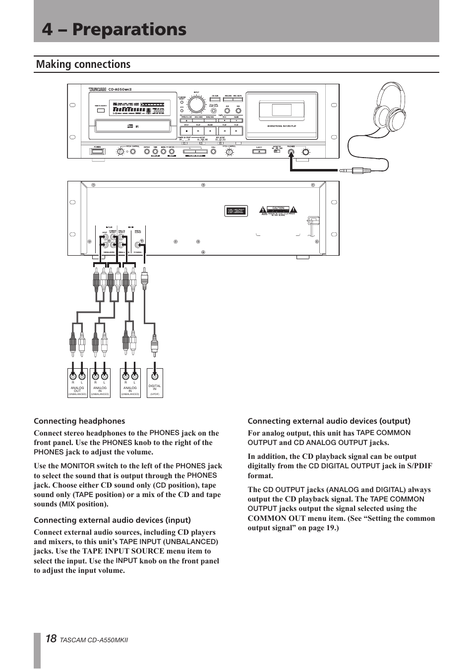 4 – preparations, Making connections | Teac CD-A550MKII User Manual | Page 18 / 48