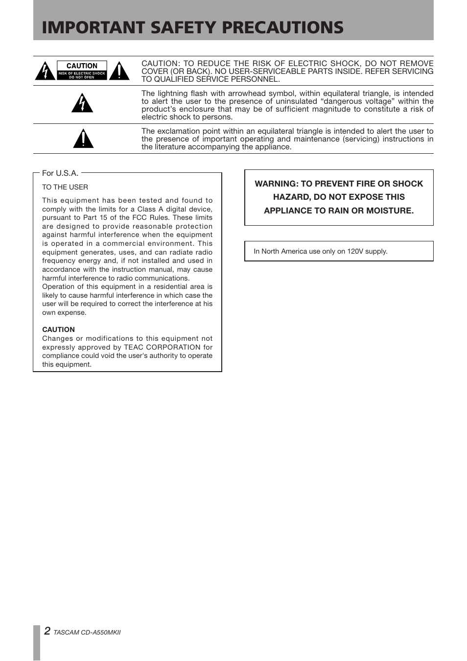 Important safety precautions | Teac CD-A550MKII User Manual | Page 2 / 48