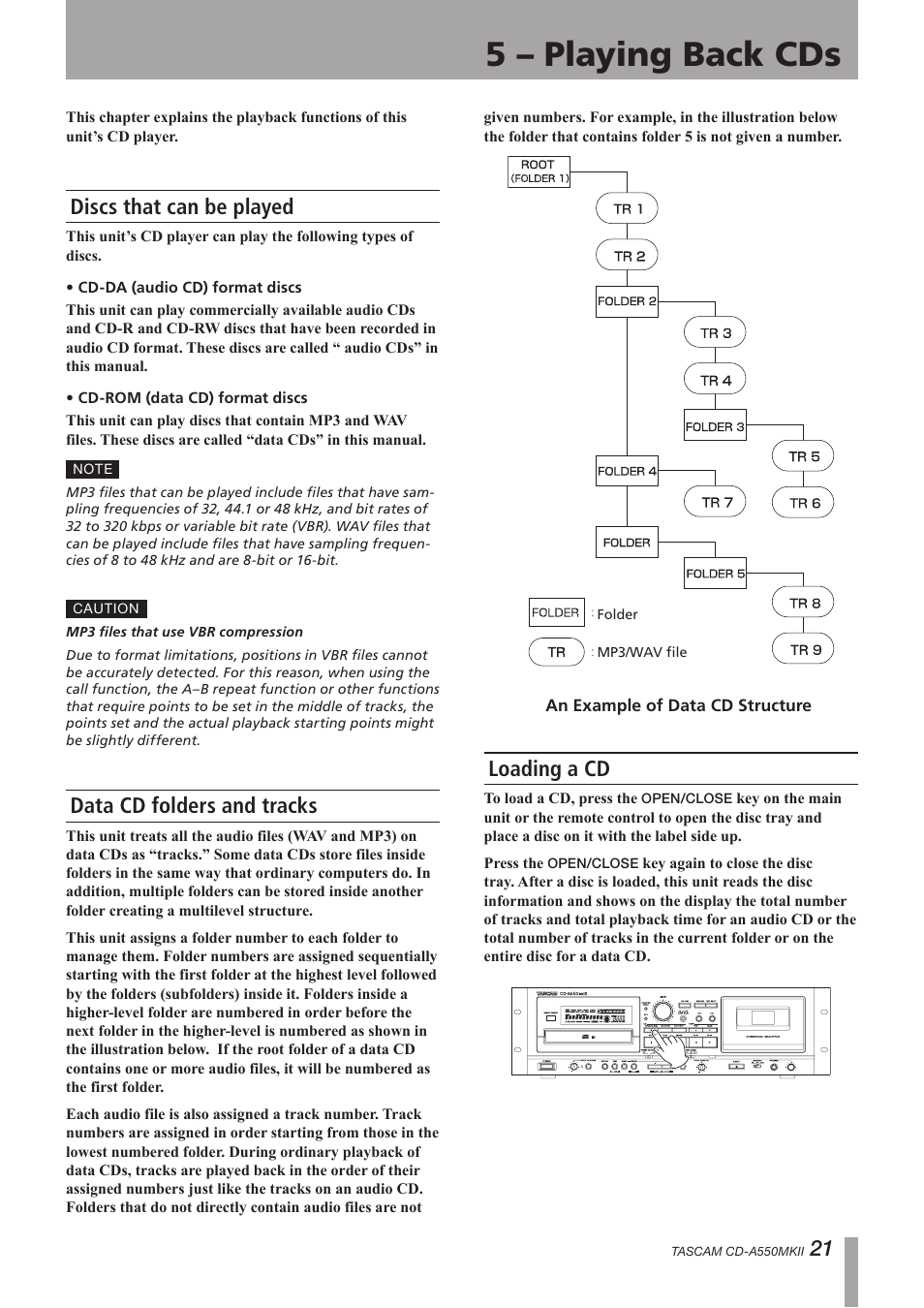 5 – playing back cds, Discs that can be played, Data cd folders and tracks | Loading a cd | Teac CD-A550MKII User Manual | Page 21 / 48