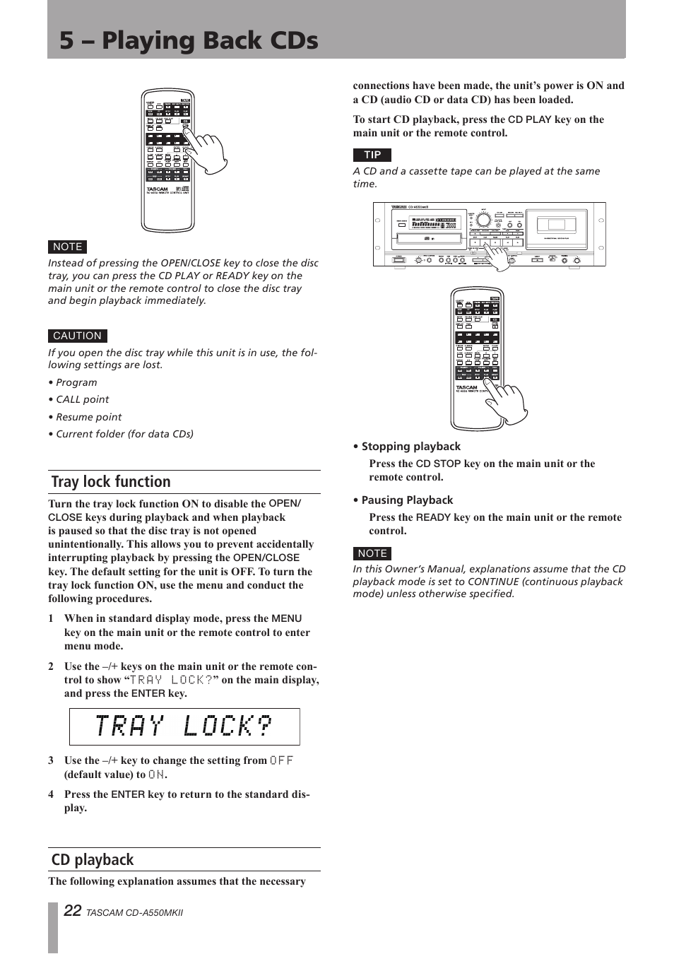 Tray lock function, Cd playback, Tray lock function cd playback | 5 – playing back cds | Teac CD-A550MKII User Manual | Page 22 / 48