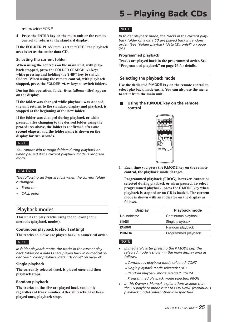 Playback modes, Selecting the playback mode, 5 – playing back cds | Teac CD-A550MKII User Manual | Page 25 / 48