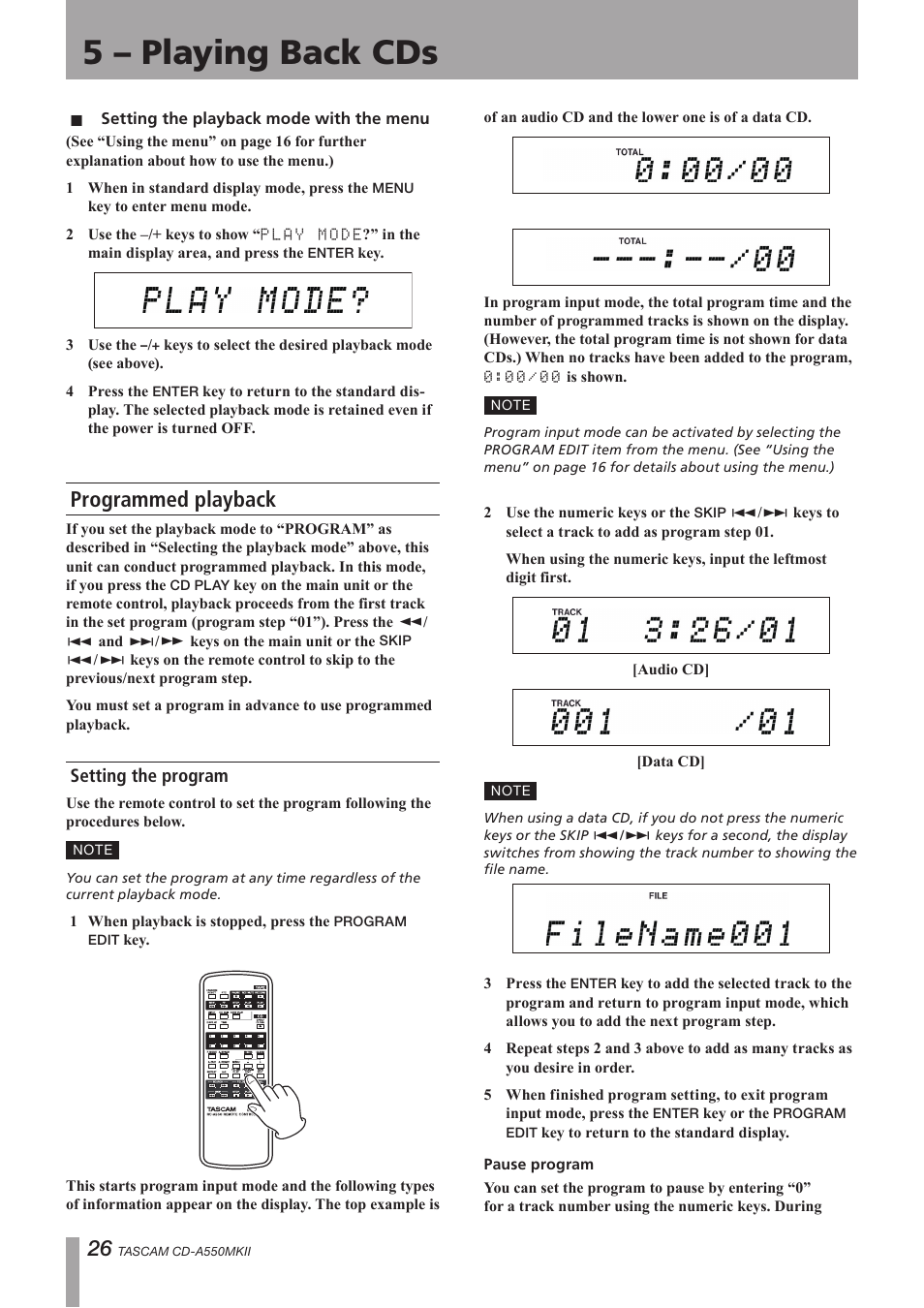 Programmed playback, Setting the program, Ogram. (see “programmed playback | 26 and, 5 – playing back cds | Teac CD-A550MKII User Manual | Page 26 / 48