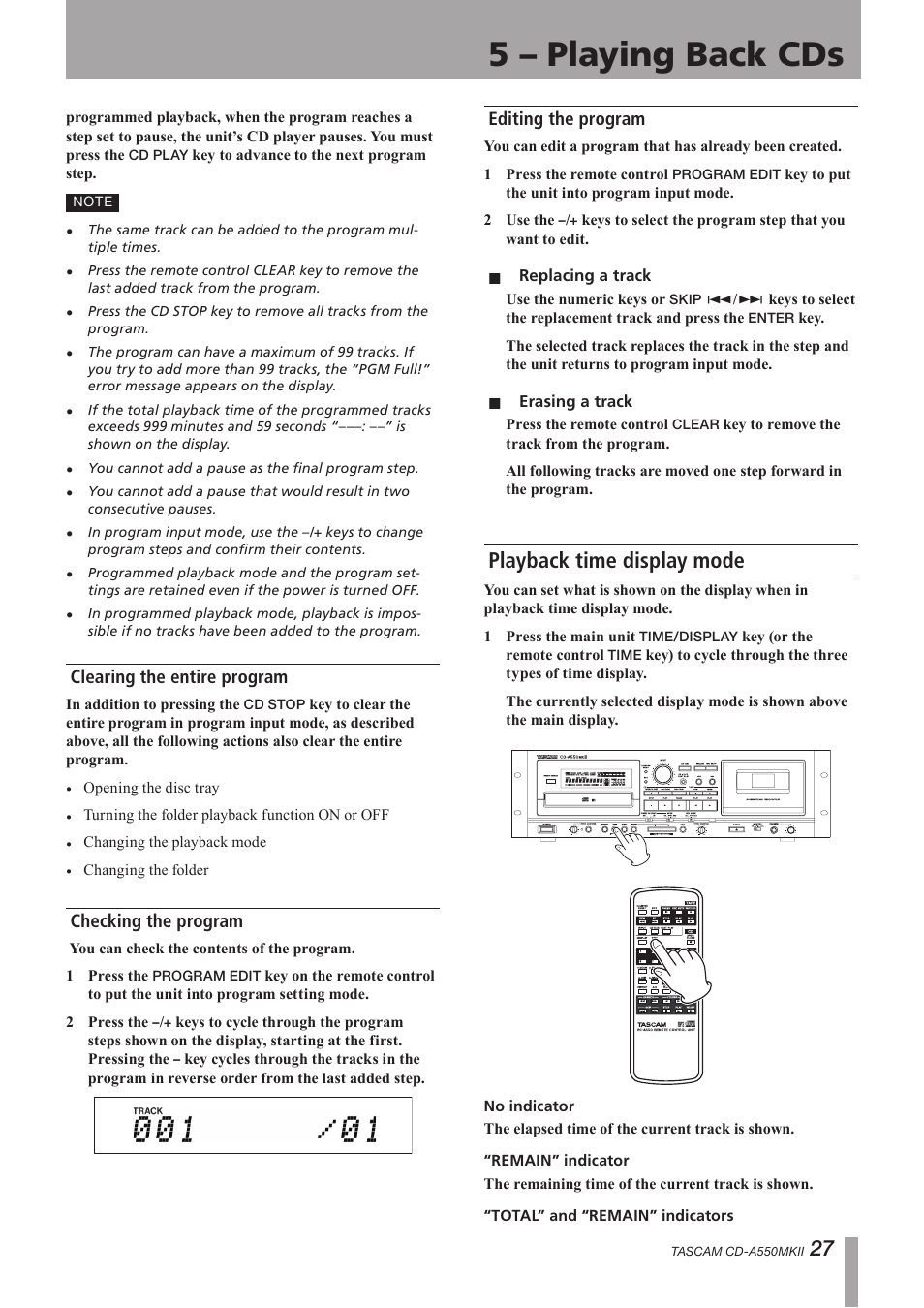 Clearing the entire program, Checking the program, Editing the program | Playback time display mode, 5 – playing back cds | Teac CD-A550MKII User Manual | Page 27 / 48