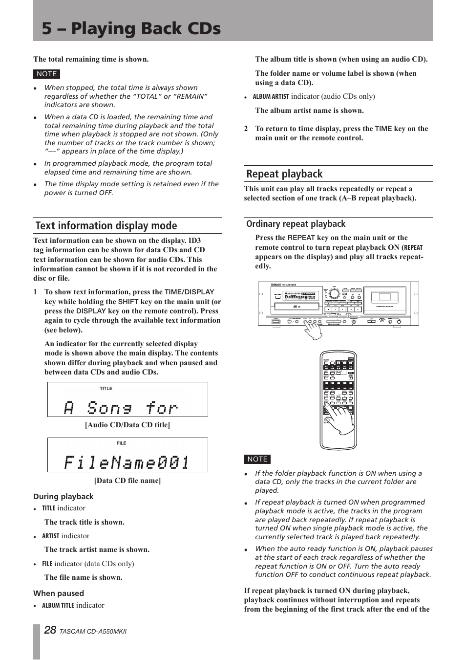 Text information display mode, Repeat playback, Ordinary repeat playback | Text information display mode repeat playback, Text, 5 – playing back cds | Teac CD-A550MKII User Manual | Page 28 / 48