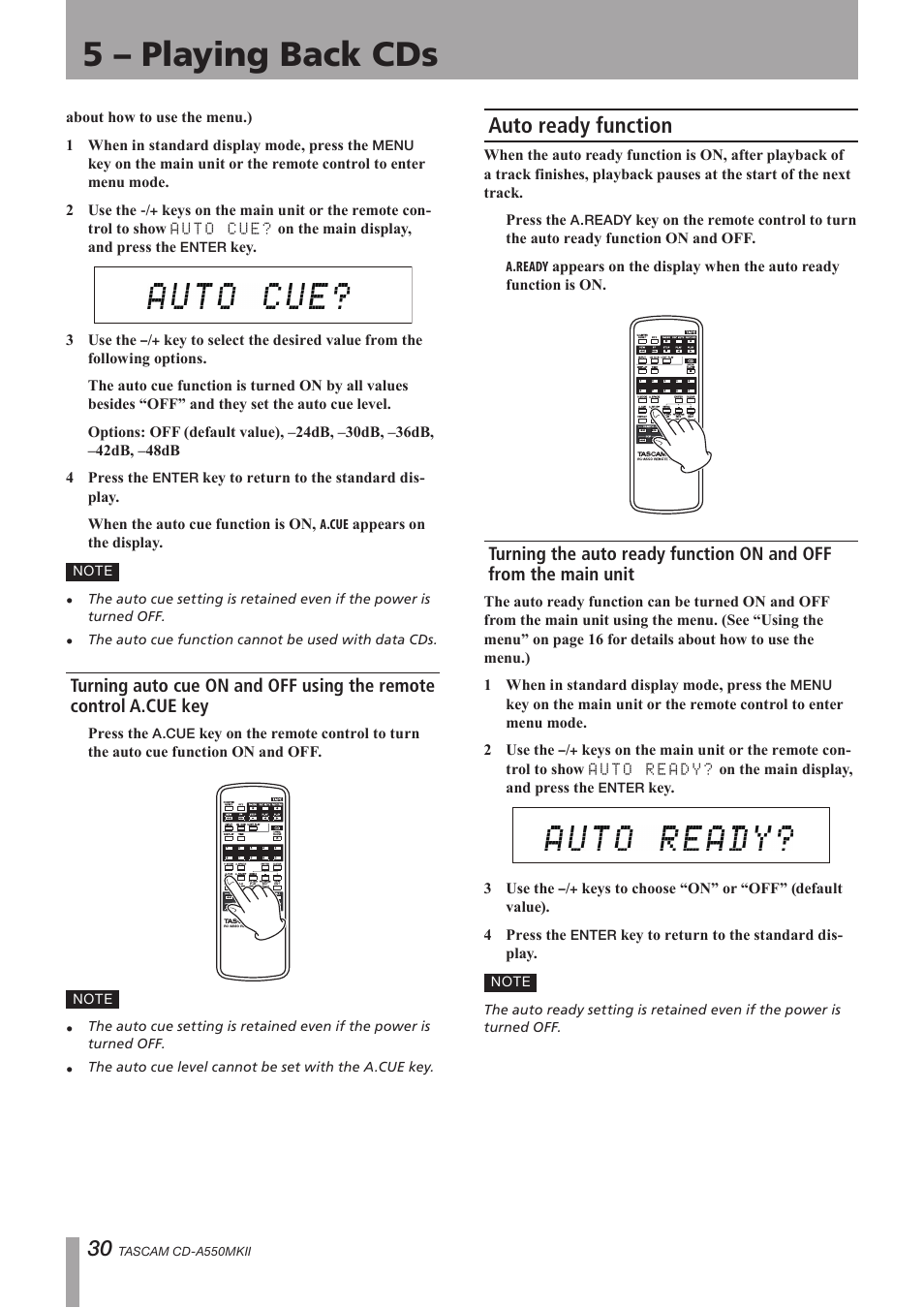 Auto ready function, 5 – playing back cds | Teac CD-A550MKII User Manual | Page 30 / 48