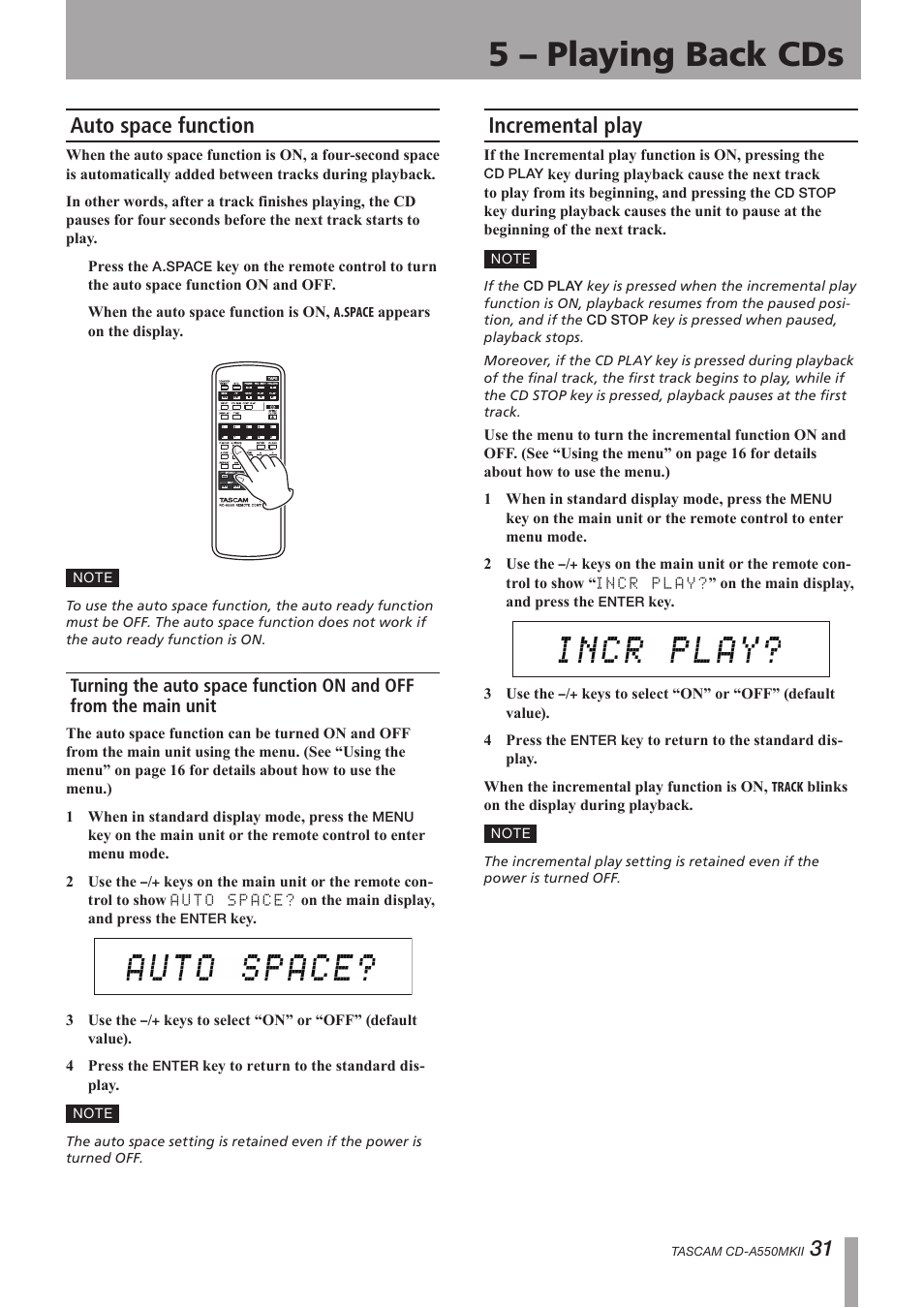 Auto space function, Incremental play, 5 – playing back cds | Teac CD-A550MKII User Manual | Page 31 / 48