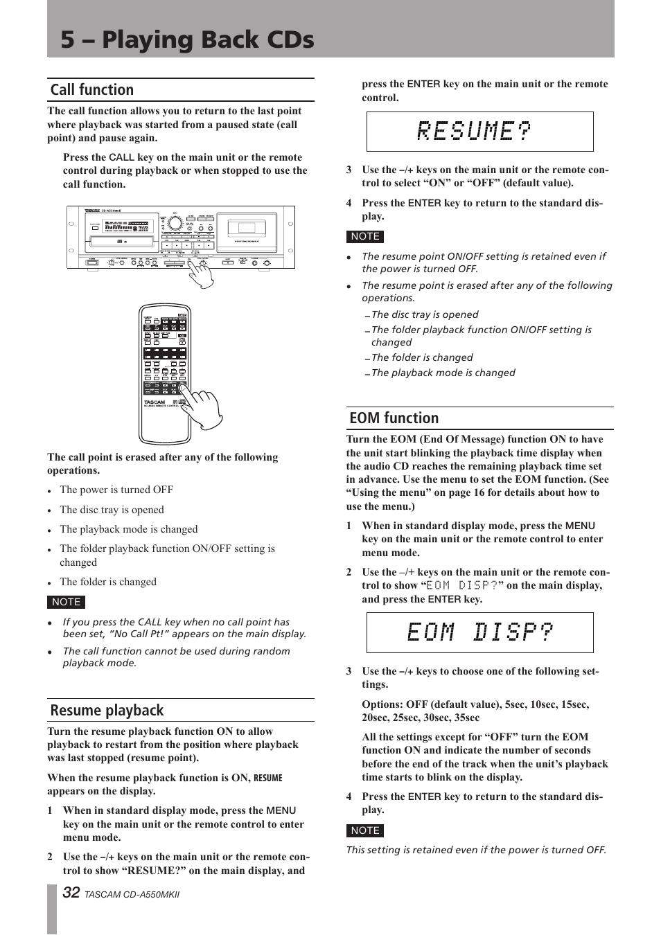 Call function, Resume playback, Eom function | Call function resume playback eom function, 5 – playing back cds | Teac CD-A550MKII User Manual | Page 32 / 48