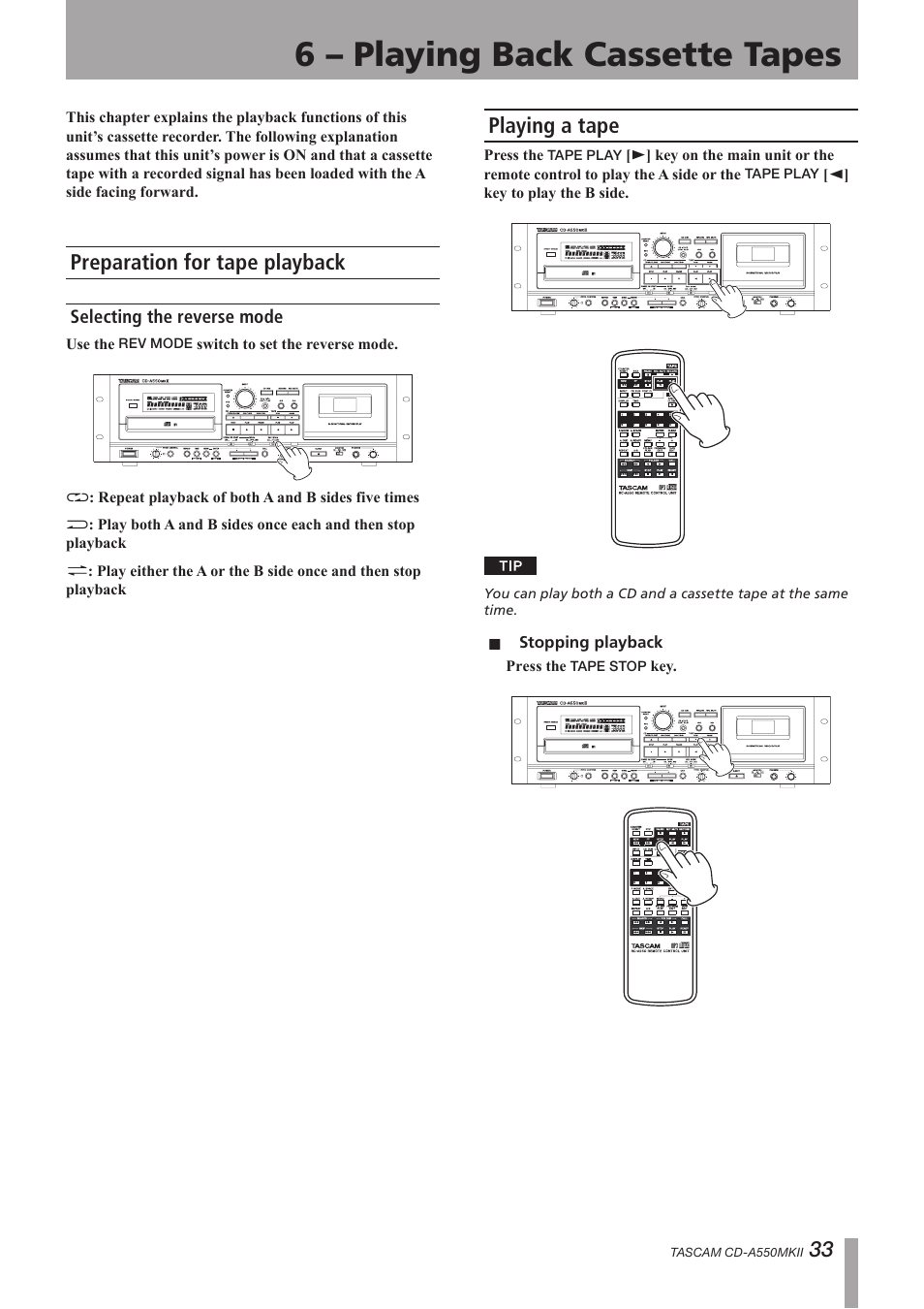 6 – playing back cassette tapes, Preparation for tape playback, Selecting the reverse mode | Playing a tape | Teac CD-A550MKII User Manual | Page 33 / 48