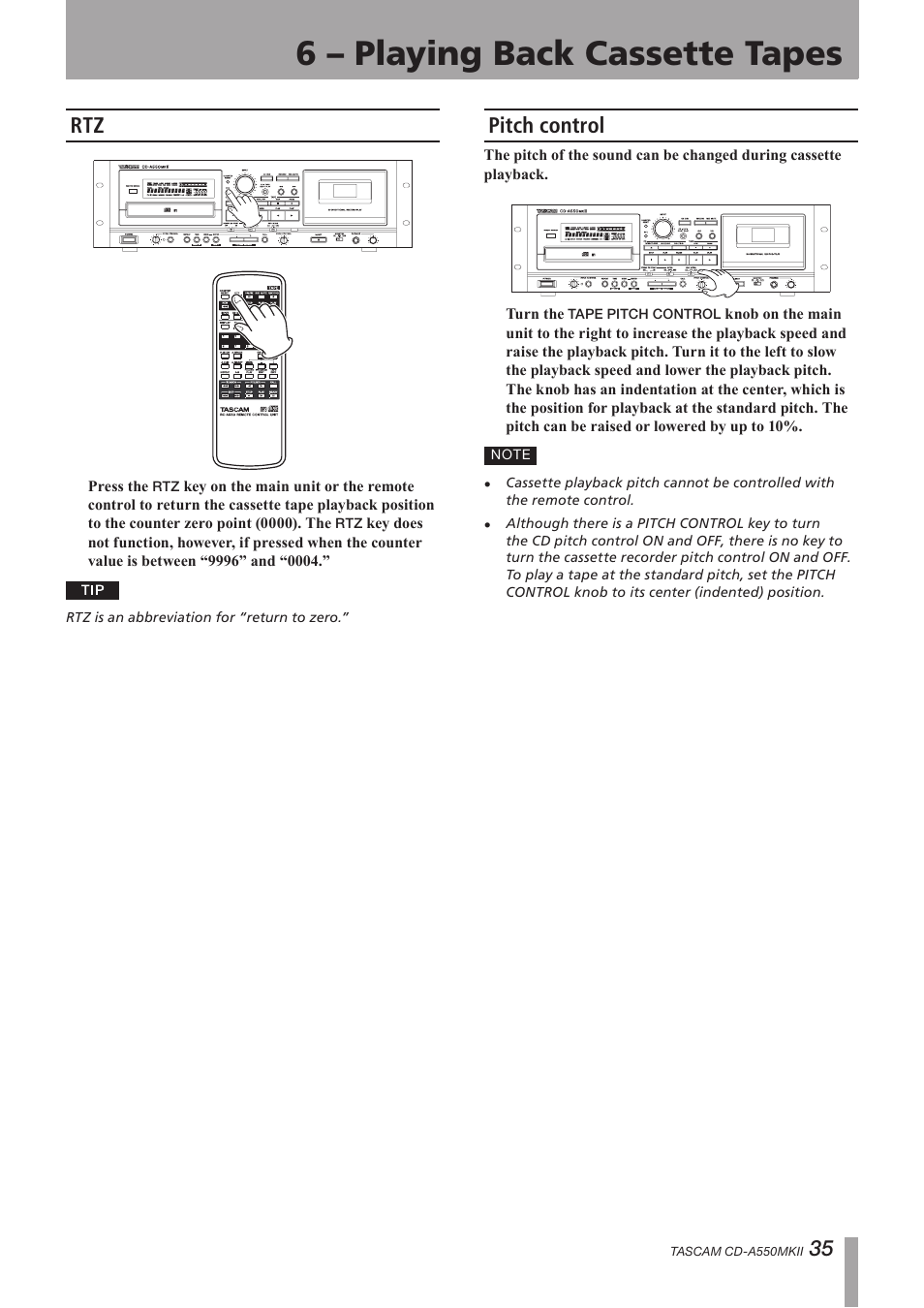 Pitch control, Rtz pitch control, 6 – playing back cassette tapes | Teac CD-A550MKII User Manual | Page 35 / 48