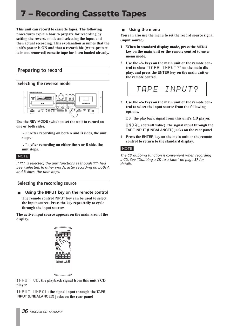 7 – recording cassette tapes, Preparing to record, Selecting the reverse mode | Selecting the recording source | Teac CD-A550MKII User Manual | Page 36 / 48