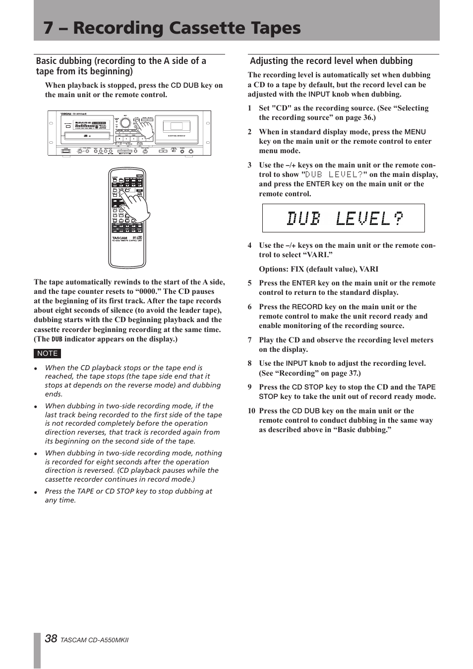 Adjusting the record level when dubbing, 7 – recording cassette tapes | Teac CD-A550MKII User Manual | Page 38 / 48