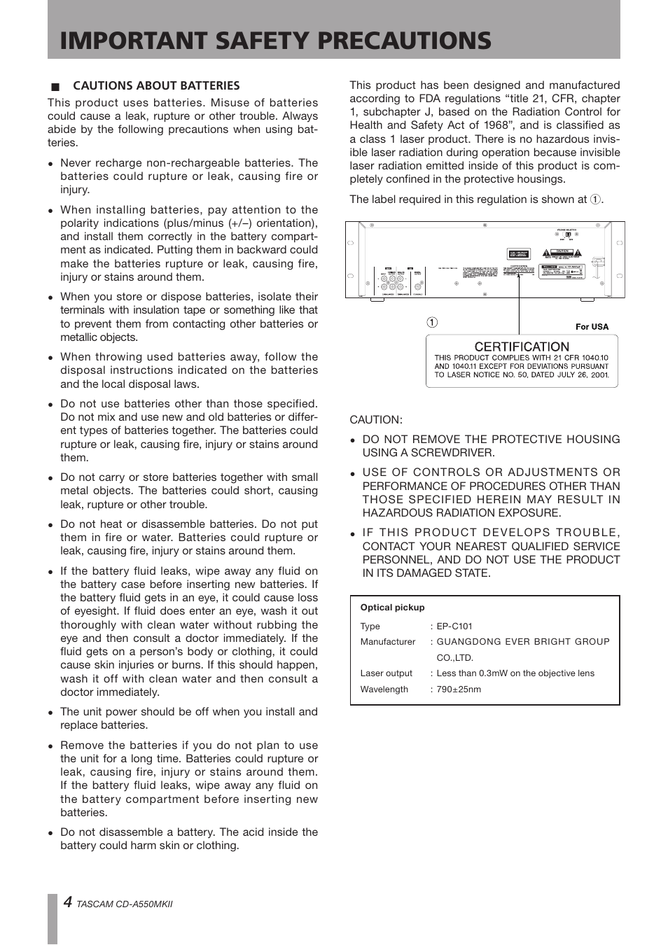 Important safety precautions | Teac CD-A550MKII User Manual | Page 4 / 48