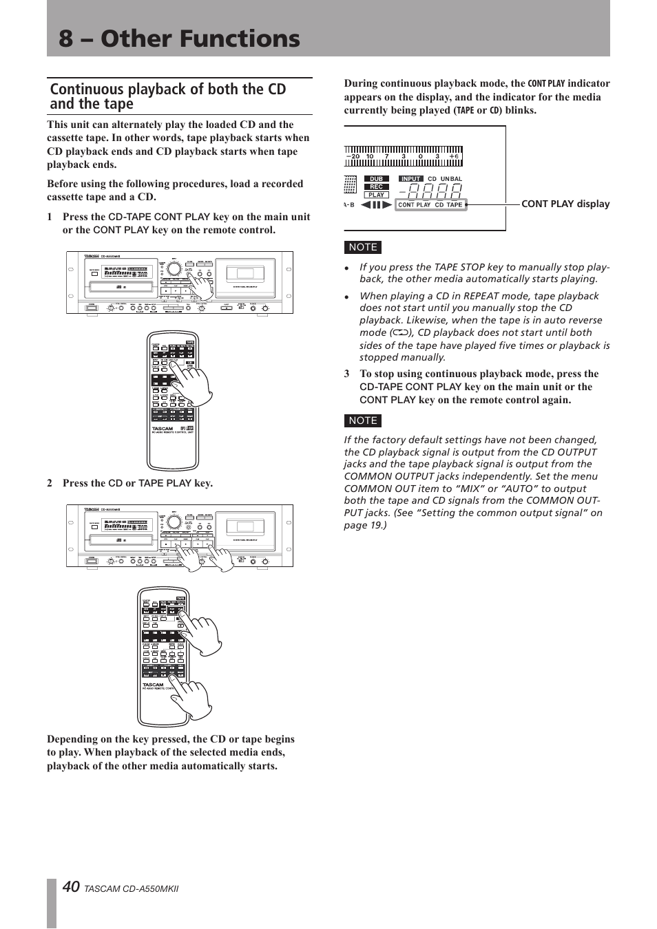 8 – other functions, Continuous playback of both the cd and the tape, Continuous | Teac CD-A550MKII User Manual | Page 40 / 48