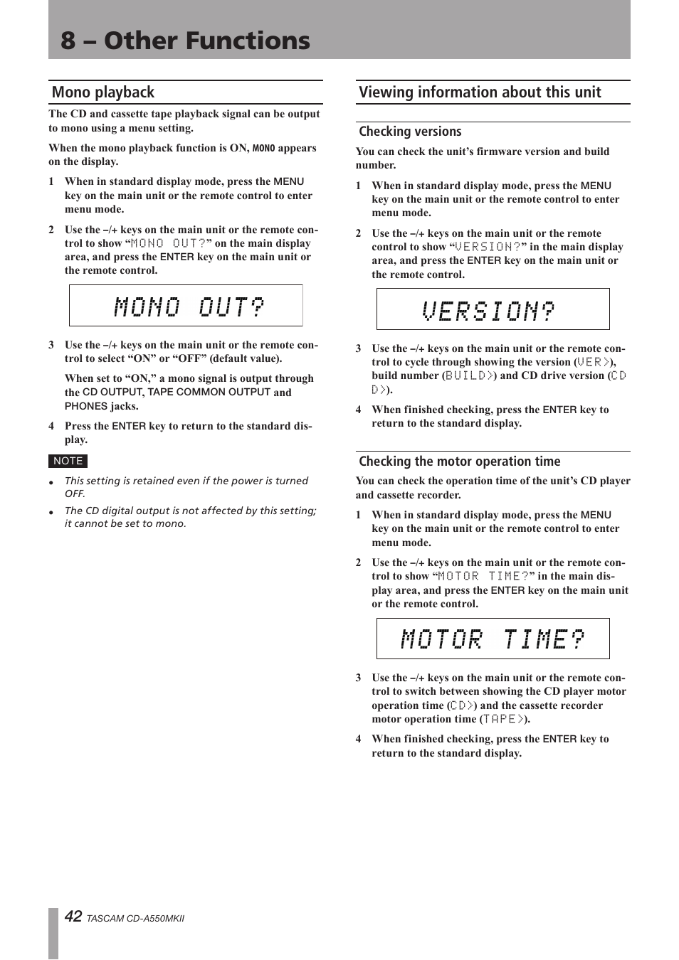 Mono playback, Viewing information about this unit, Checking versions | Checking the motor operation time, Mono playback viewing information about this unit, 8 – other functions | Teac CD-A550MKII User Manual | Page 42 / 48