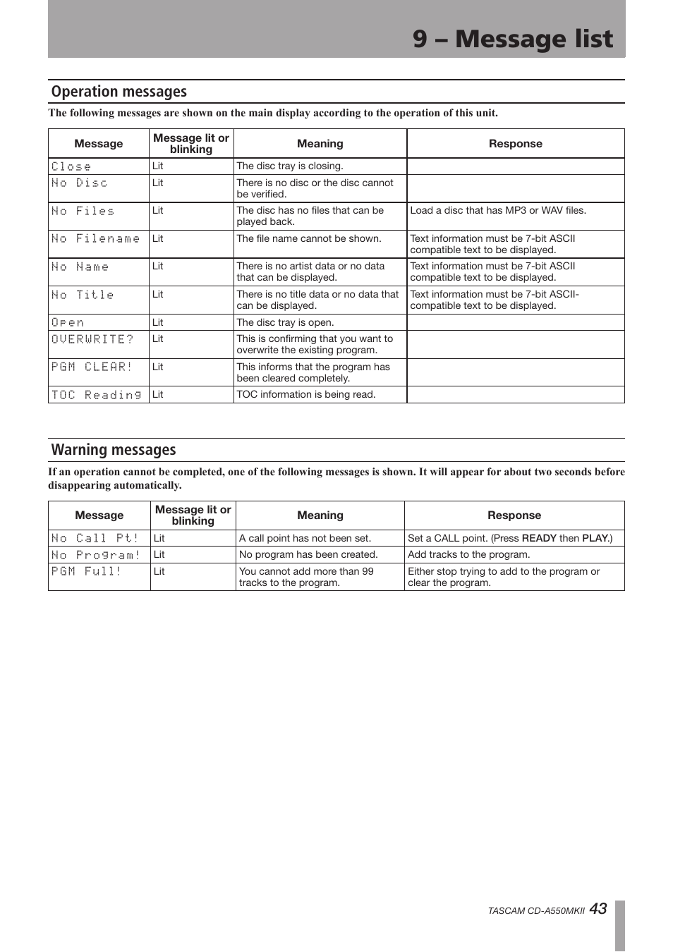 10 – message list, Operation messages, Warning messages | Operation messages warning messages, 9 – message list, 43 operation messages | Teac CD-A550MKII User Manual | Page 43 / 48