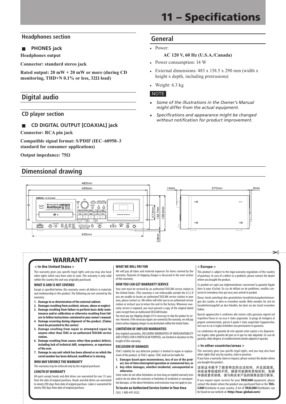 Headphones section, Digital audio, Cd player section | General, Dimensional drawing, General dimensional drawing, 11 – specifications, Warranty, Phones jack, Cd digital output [coaxial] jack | Teac CD-A550MKII User Manual | Page 47 / 48