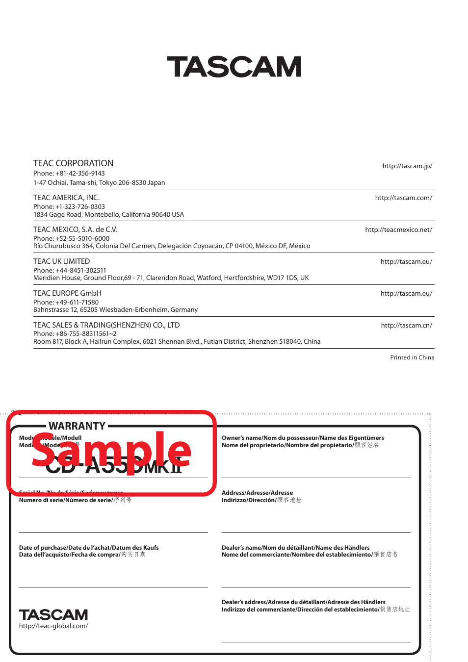 Cd-a550, Warranty | Teac CD-A550MKII User Manual | Page 48 / 48