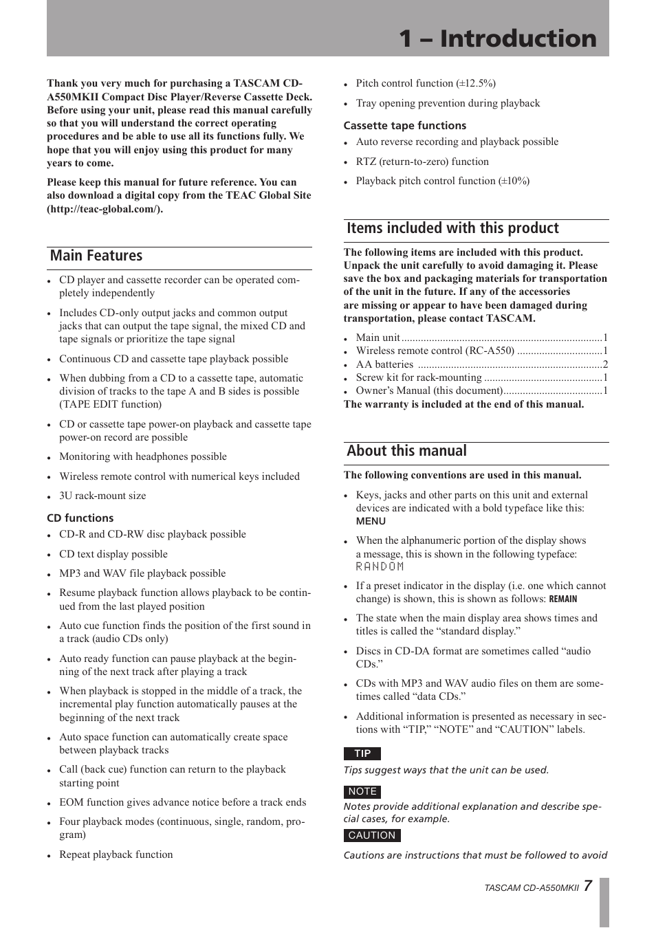 1 – introduction, Main features, Items included with this product | About this manual | Teac CD-A550MKII User Manual | Page 7 / 48