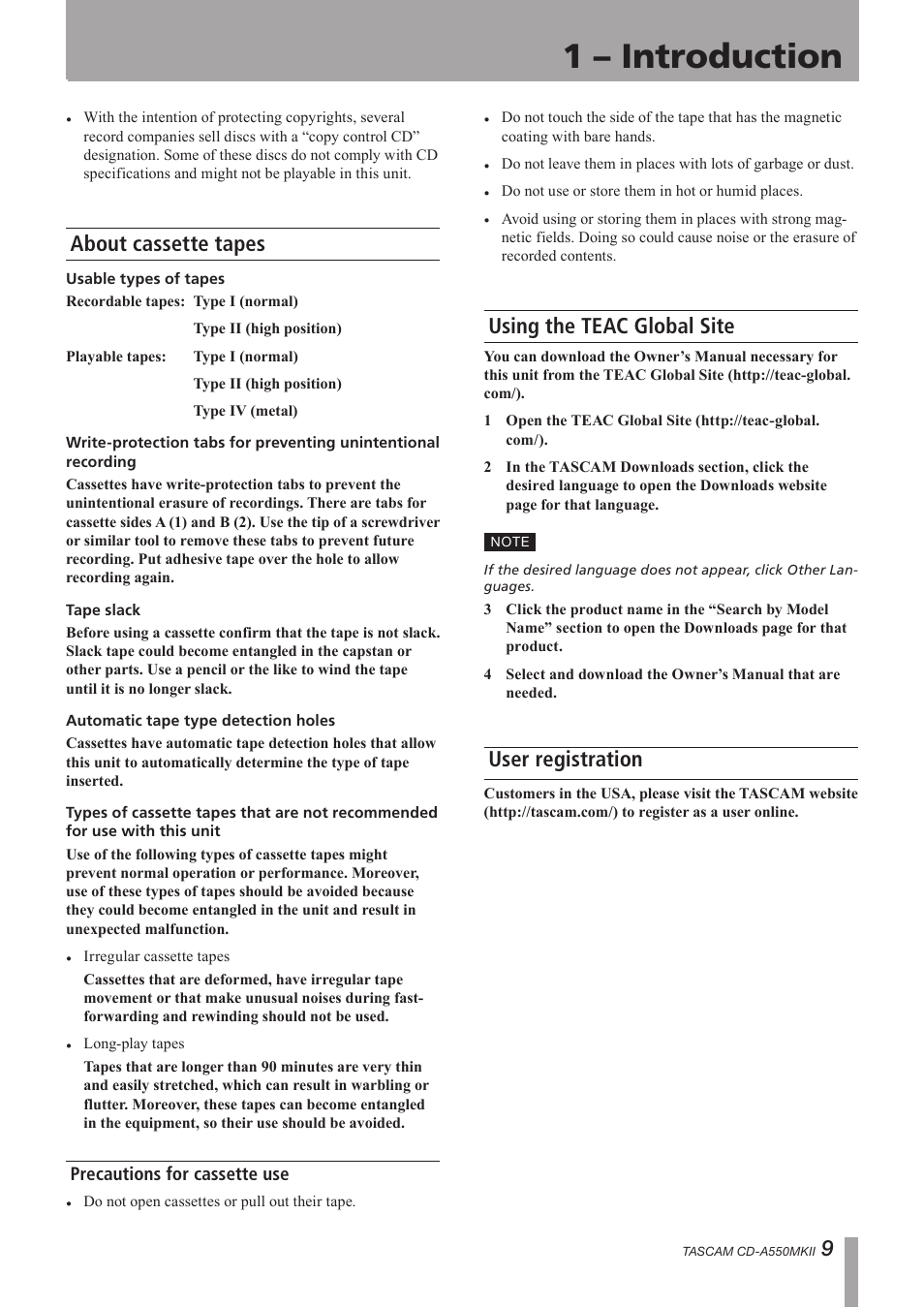 About cassette tapes, Precautions for cassette use, Using the teac global site | User registration, Using the teac global site user registration, 1 – introduction | Teac CD-A550MKII User Manual | Page 9 / 48