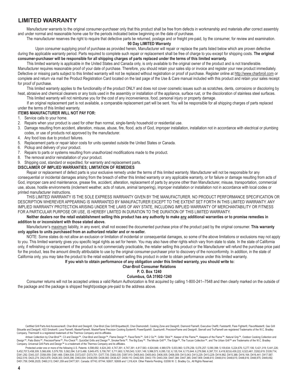 Limited warranty | Char-Broil 6701289 User Manual | Page 4 / 8