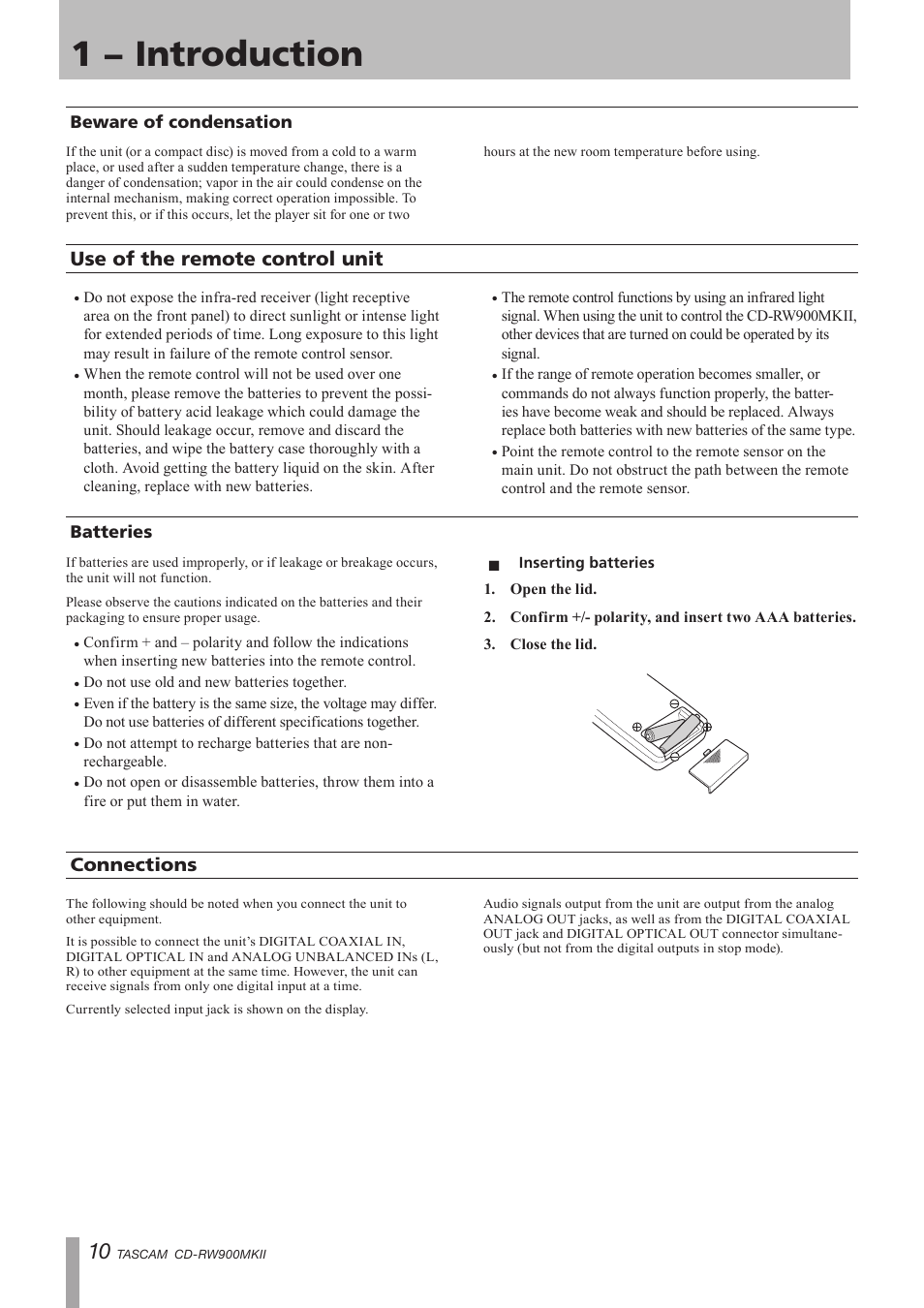 Beware of condensation, Use of the remote control unit, Batteries | Inserting batteries, Connections, 1 − introduction | Teac CD-RW900MKII User Manual | Page 10 / 36