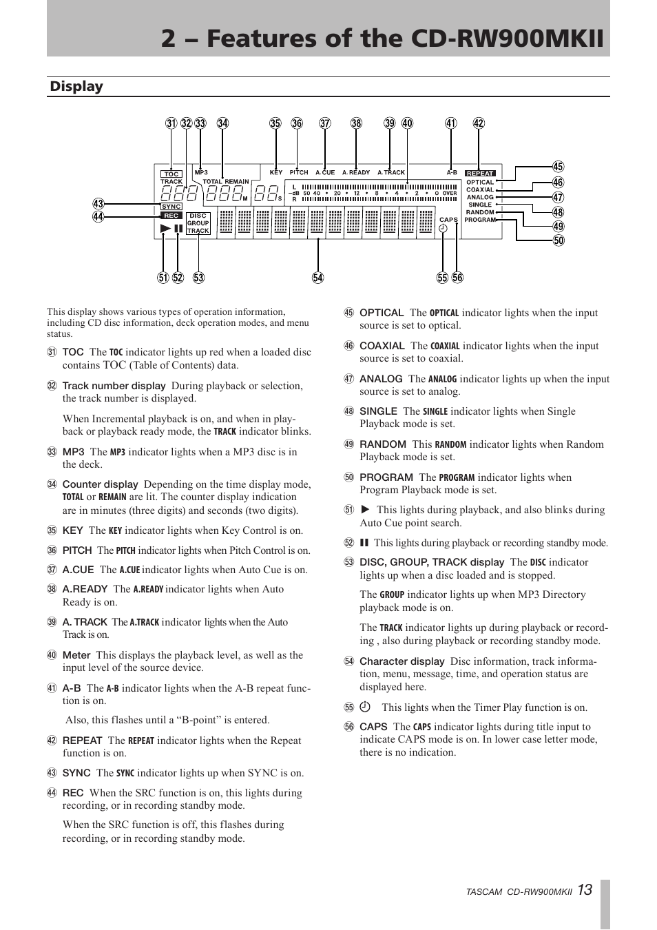 Display, 2 − features of the cd-rw900mkii | Teac CD-RW900MKII User Manual | Page 13 / 36