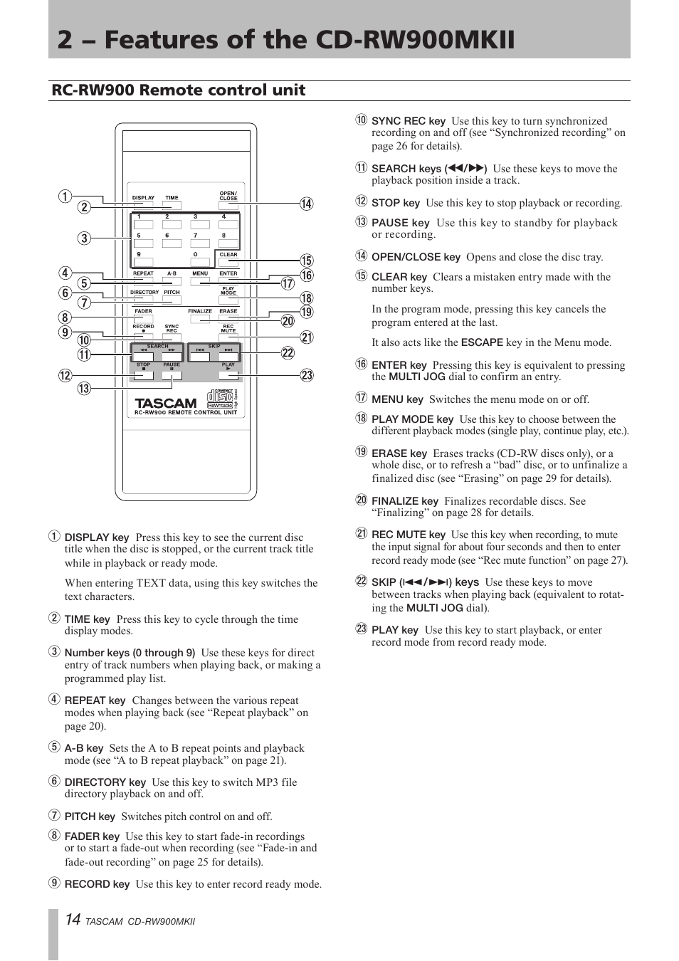 Rc-rw900 remote control unit, 2 − features of the cd-rw900mkii | Teac CD-RW900MKII User Manual | Page 14 / 36