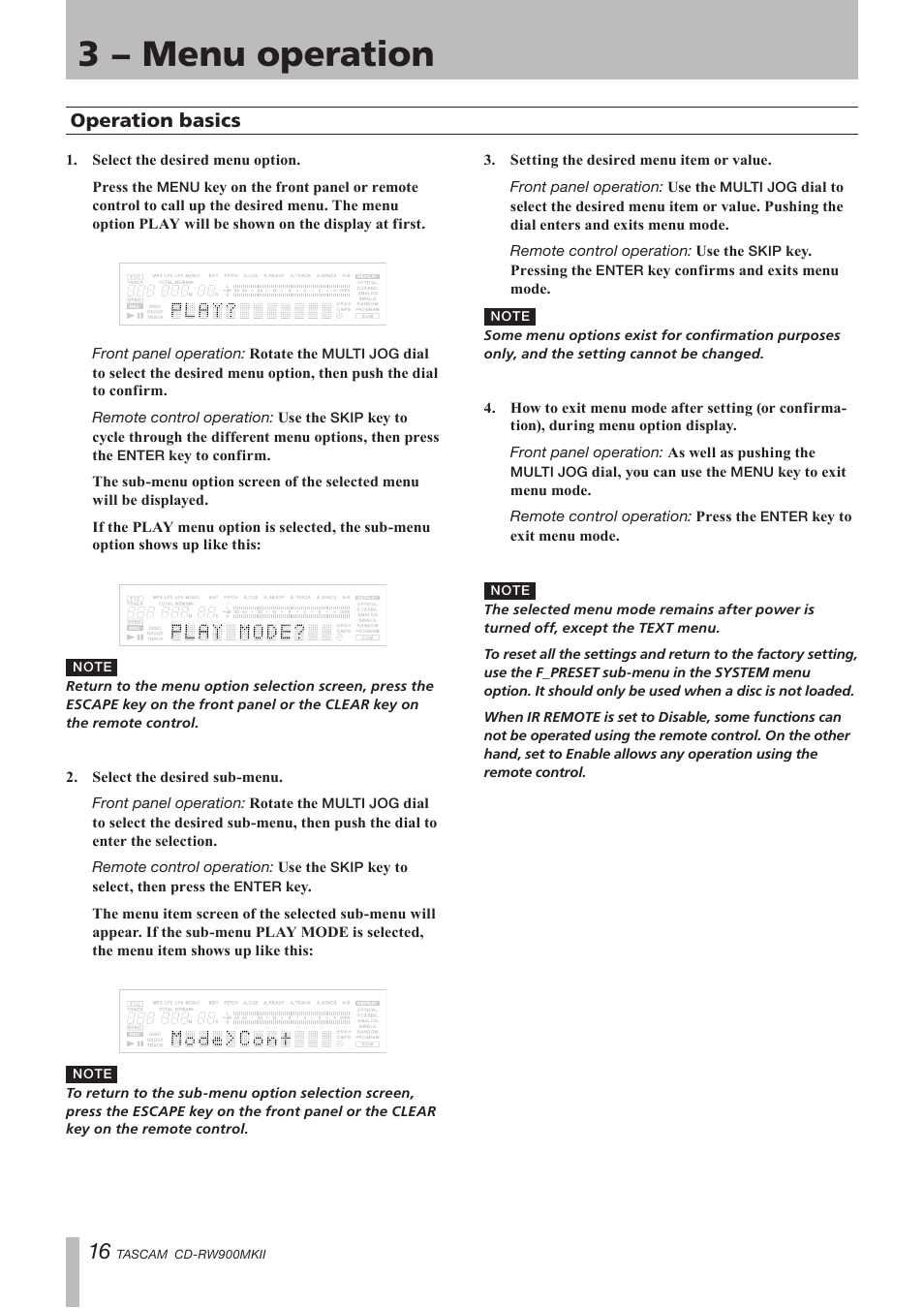 Operation basics, 3 − menu operation | Teac CD-RW900MKII User Manual | Page 16 / 36