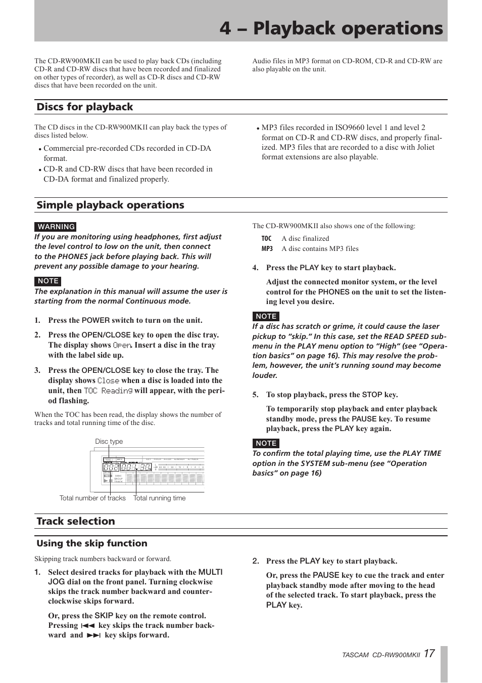 4 − playback operations, Discs for playback, Simple playback operations | Track selection, Using the skip function | Teac CD-RW900MKII User Manual | Page 17 / 36