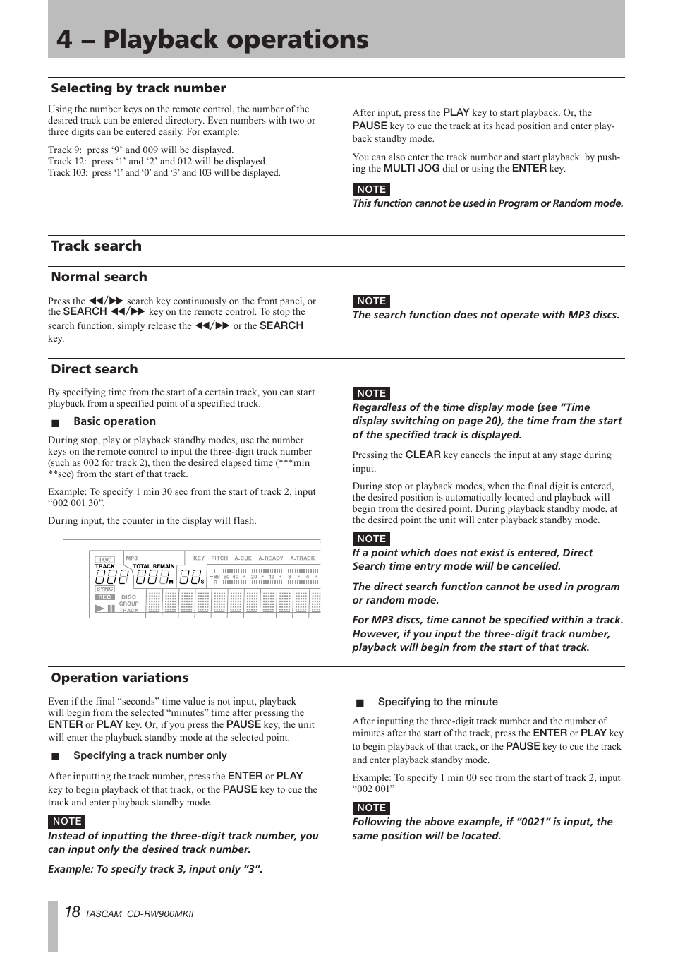 Selecting by track number, Track search, Normal search | Direct search, Basic operation, Operation variations, Specifying a track number only, Specifying to the minute, Normal search direct search, 4 − playback operations | Teac CD-RW900MKII User Manual | Page 18 / 36