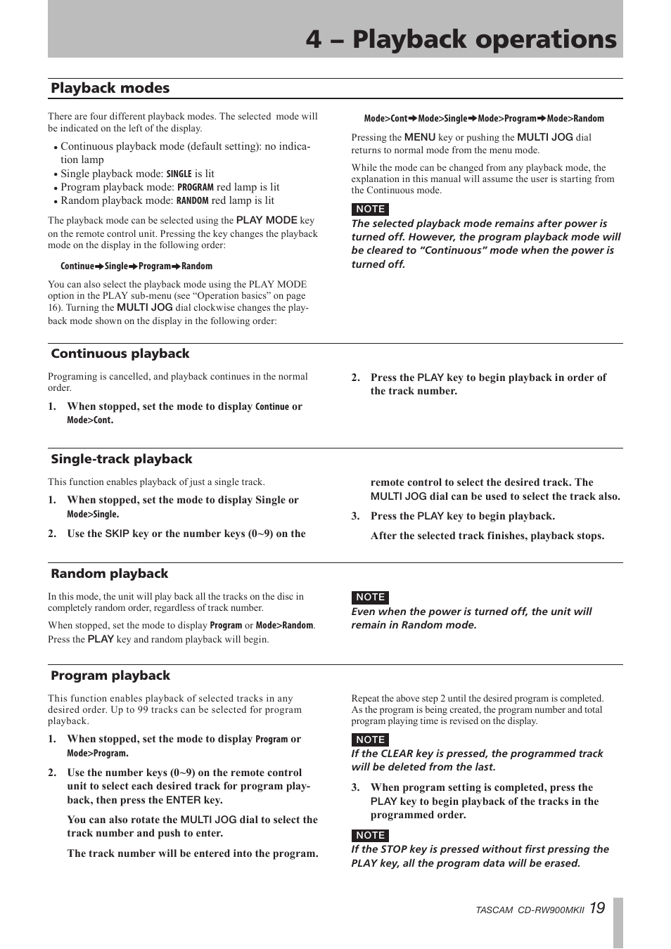 Playback modes, Continuous playback, Single-track playback | Random playback, Program playback, 4 − playback operations | Teac CD-RW900MKII User Manual | Page 19 / 36