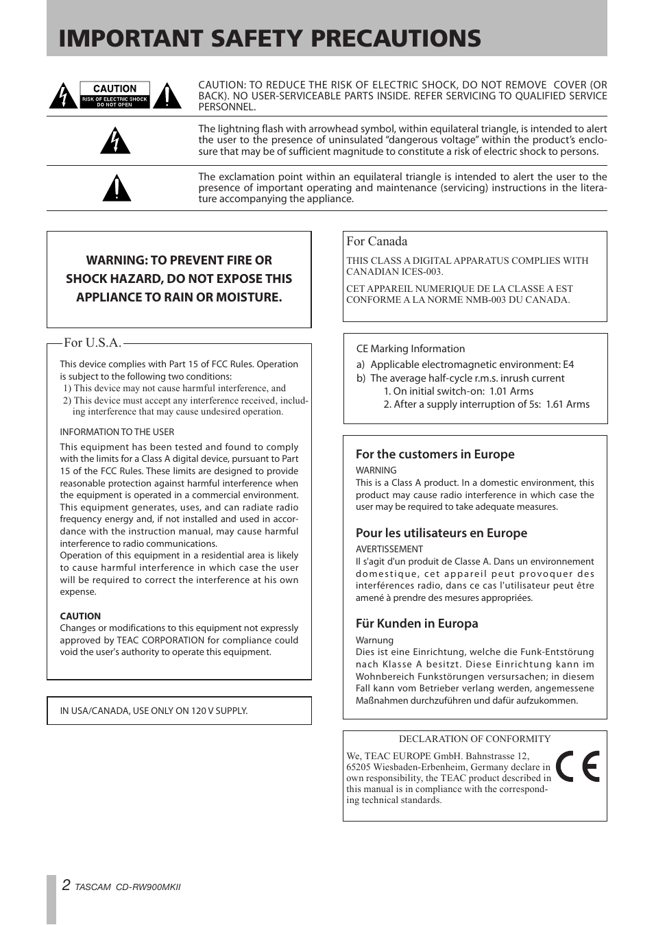 Important safety precautions | Teac CD-RW900MKII User Manual | Page 2 / 36